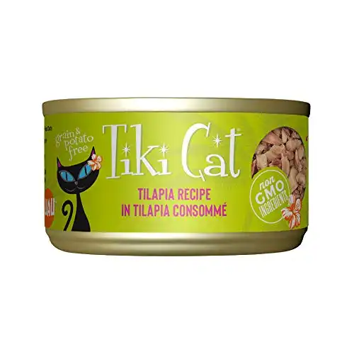 Tiki Cat Luau Yetişkin Kediler ve Yavru Kediler için Tahılsız, Düşük Karbonhidratlı, Kümes Hayvanlı veya Balıklı Yaş Mama, 2.8oz, 12pk, Tilapia