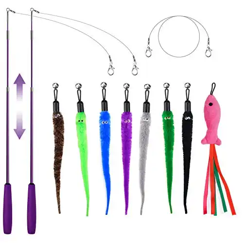 Retractable Cat Toy Wand, 11 Packs Interactive Cat Feather Toys, 7 Worms and 1 Fish Teaser Assorted Cat Teaser Refills with Bell, Include 1 Replacement Line, Fun Toy for Cat Exercise