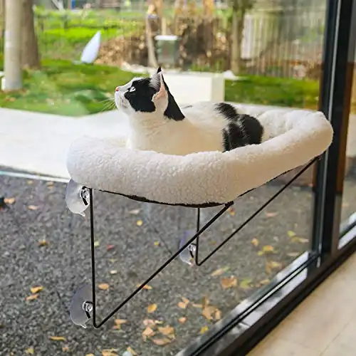 Zakkart Cat Window Perch - 100% Alttan Destekli Metal - Sıcak Geniş Pet Yatak ile Birlikte Gelir - Büyük Kediler ve Yavru Kediler için Kedi Pencere Hamak - Güneşlenmek, Uyuklamak ve Seyretmek için (Beyaz)