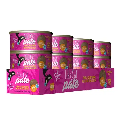 Tiki Cat Grill Pate Canned Wet Food - High Protein and Grain Free - Tuna with Crab Surimi in Broth 2.8 oz. Cans 12 Pack