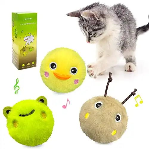 BuntyJoy Cat Toys, 3 Pack Fluffy Plush Chirping Catnip Toy Balls, Interactive Cat Toy for Indoor Cats Exercise, Fun Kitty Kitten Kicker Toys, Cartoon Animal Shaped