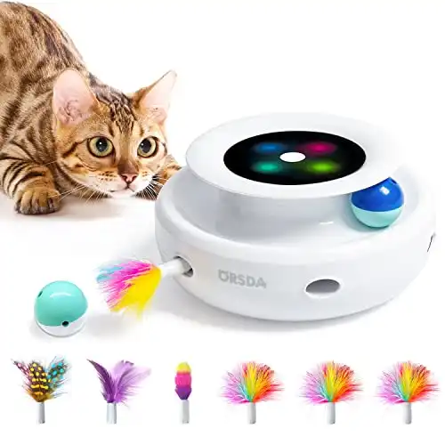 ORSDA Cat Toys 2in1 Interactive Cat Toys for Indoor Cats, Timer Auto On/Off, Cat Toy Balls & Ambush Feather Electronic Cat Toy, Cat Entertainment with 6pcs Feathers, Dual Power Supplies Cat mice T...