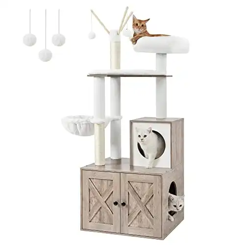 Feandrea WoodyWonders Cat Tree with Litter Box Enclosure, 2-in-1 Modern Cat Tower, Litter Box Furniture Hidden, Cat Condo with Scratching Posts, Removable Pompom Sticks, Greige UPCT113G01