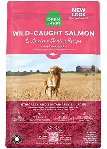 Open Farm Wild-Caught Salmon & Ancient Grains Kuru Köpek Maması, Sağlıklı Tahıllar ve Yapay Tatlandırıcılar veya Koruyucular İçermeyen Sürdürülebilir Avlanmış Somon Tarifi, 4 lbs