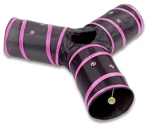 Prosper Pet Cat Tunnel - Collapsible 3 Way Play Toy - Interactive Tube Toys for Rabbits, Kittens, and Dogs - Black/Pink